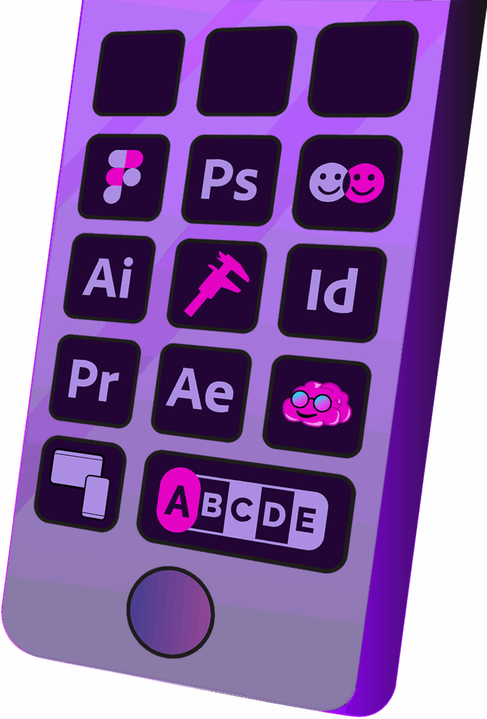Téléphone portable affichant des boutons avec des icônes de logiciels créatifs comme Adobe Suite
